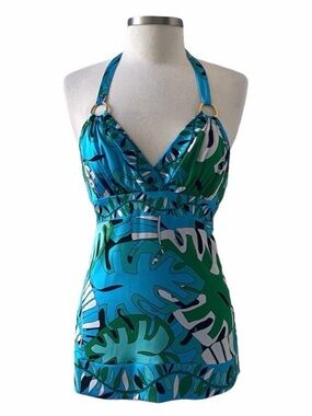 NEW Bebe Green and Blue Tropical Palm Leaf Print Halter Top Size Medium